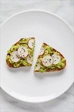 Overhead view of avocado toast on plate, New York, New York, USA