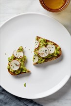 Overhead view of avocado toast on plate, New York, New York, USA