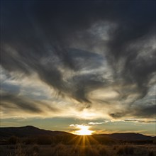 USA, Idaho, Bellevue, Dramatic sky over landscape at sunset, Bellevue, Idaho, USA