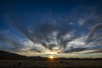 USA, Idaho, Bellevue, Dramatic sky over landscape at sunset, Bellevue, Idaho, USA