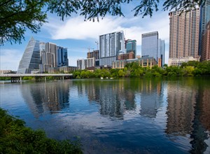 USA, Texas, Austin, Downtown buildings seen across river, Austin, Texas, USA