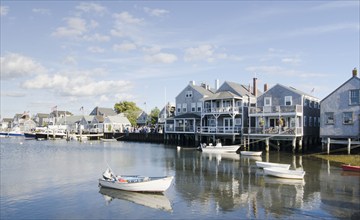 USA, Massachusetts, Nantucket, Boats and waterfront buildings in Old North Wharf, Nantucket,