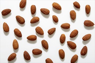 USA, New York State, New York City, Whole almonds on white background, New York City, New York, USA