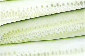 Close-up of fresh sliced cucumbers, New York City, New York, USA