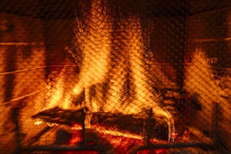 Close-up of fire burning in fireplace, blurred motion, Bellevue, Idaho, USA