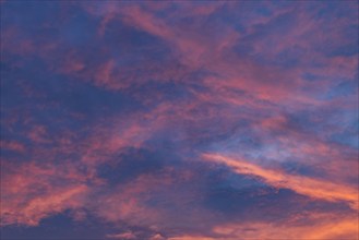 Blue and pink clouds on sky at sunset, Fairfield, Idaho, USA