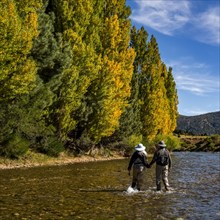 Rear view of senior couple flyfishers wading in Traful River, Estancia Arroyo Verde, Nequen