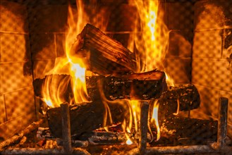 Close-up of robust fire in residential fireplace, Bellevue, Idaho, USA