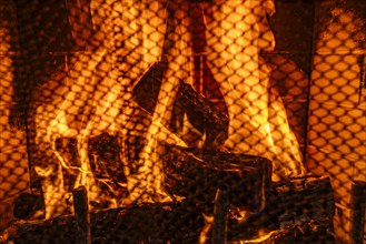 Close-up of robust fire in residential fireplace, Bellevue, Idaho, USA