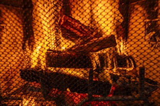 Close-up of robust fire in residential fireplace, Bellevue, Idaho, USA