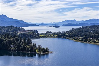 High angle view of blue lakes surrounded with hills on sunny day, Bariloche, , Argentina