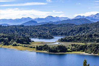 High angle view of mountain lakes and forests on sunny summer day, Bariloche, , Argentina