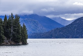 Low clouds covering mountains surrounding Lake Nahuel Huapi, Bariloche, Rio Negro, Argentina