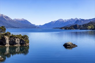 Calm blue waters of Traful Lake, Estancia Arroyo Verde, Nequen Province, Argentina