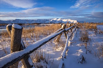 Rural house covered with snow on sunny winter day, Bellevue, Idaho, USA