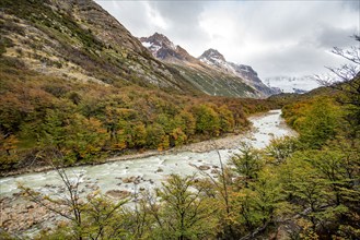 Argentina, Santa Cruz, El Chalten, Electrico River and mountains in Autumn, El Chalten, Santa Cruz,