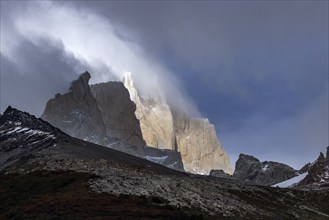 Argentina, Santa Cruz, El Chalten, North side of Fitz Roy massif in clouds, El Chalten, Santa Cruz,