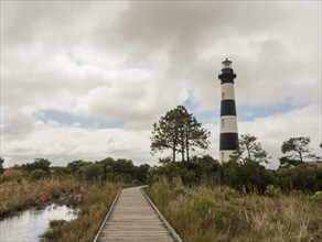 USA, North Carolina, Nags Head, Boardwalk and Bodie Island Lighthouse, Nags Head, North Carolina,