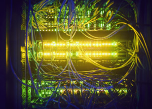 Close-up of hard drives and cables in data center
St, George, Utah, USA