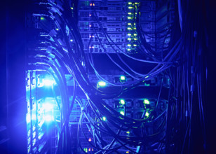 Close-up of hard drives and cables in data center
St, George, Utah, USA