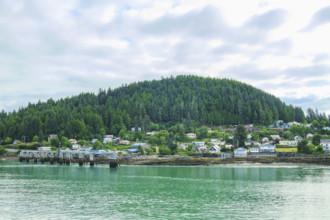 Pier and town with forested hill in background seen across water
Wrangall, Alaska, USA