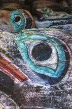 Close-up of weathered totem poles
Sitka, Alaska, USA