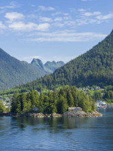 Forested mountains and houses seen across water
Sitka, Alaska, USA