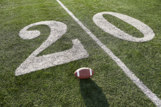 American football ball in field at 20 yard line
New York City, NY USA