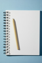 Spiral notebook and pen on blue background
New York City, New York State, USA