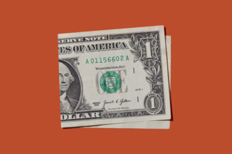 Folded one dollar bill on orange background
New York City, New York State, USA