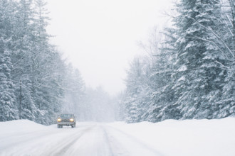 Pickup truck on snow covered treelined road
Saranac Lake, New York, USA