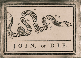 "Join or Die" snake newspaper cartoon design by Ben Franklin