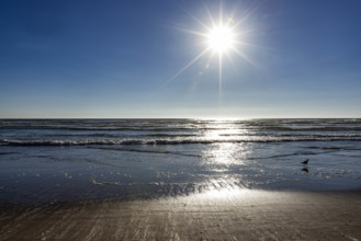 USA, Oregon, Sun setting over ocean and empty Cannon Beach