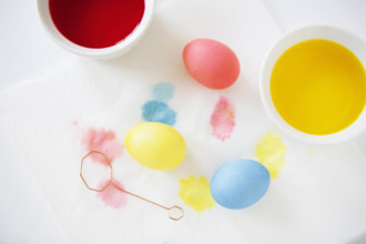 Overhead view of freshly dyed Easter eggs