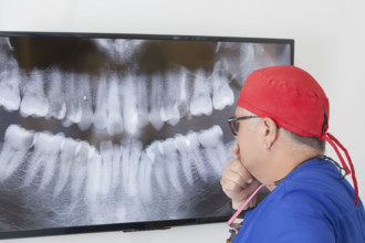 Dentist analyzing dental X-ray on screen