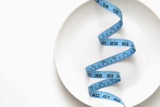 Blue tape measure on empty plate