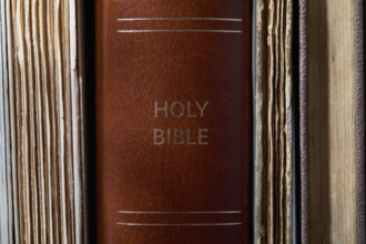 Close-up of Bible on bookshelf