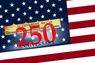 250th anniversary celebration of Declaration of Independence with flag
