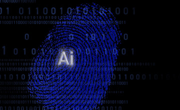 Blue fingerprint with the AI symbol and binary code over