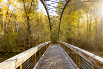 USA, Idaho, Hailey, Bow Bridge over Big Wood River in autumn
