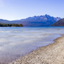 USA, Idaho, Stanley, Calm Redfish Lake, motion blur