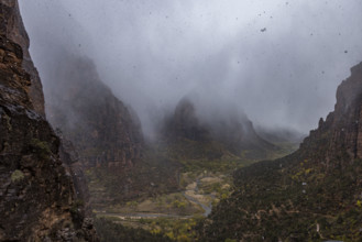 USA, Utah, Zion National Park, Gray clouds covering Zion Canyon during snowstorm