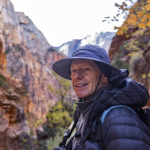 USA, Utah, Zion National Park, Portrait of smiling man on Angels Landing Trail