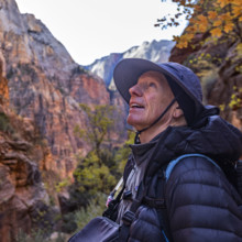 USA, Utah, Zion National Park, Portrait of smiling man on Angels Landing Trail