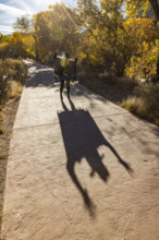 USA, Utah, Zion National Park, Senior woman in poncho making shadows on park walkway