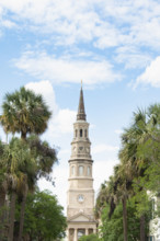USA, South Carolina, Charleston, Tower of historic St. Philips Church against sky