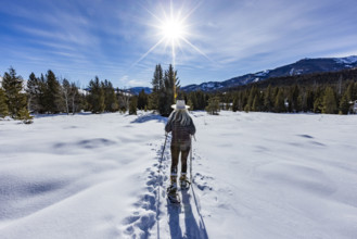 USA, Idaho, Sun Valley, Rear view of woman snowshoeing on sunny winter day