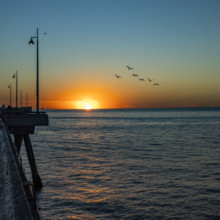 USA, California, Venice, Sun setting above calm ocean and Venice Pier