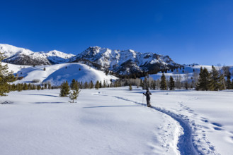 USA, Idaho, Sun Valley, Rear view of woman snowshoeing in Sun Valley on sunny day