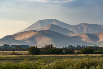 Fields and hills in late afternoon light. Bellevue, Idaho, USA.
